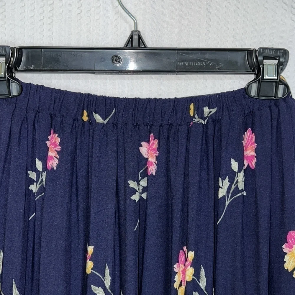 Blue Rain Navy With Pink & Yellow Flowers Faux Wrap Maxi Skirt - Size Medium